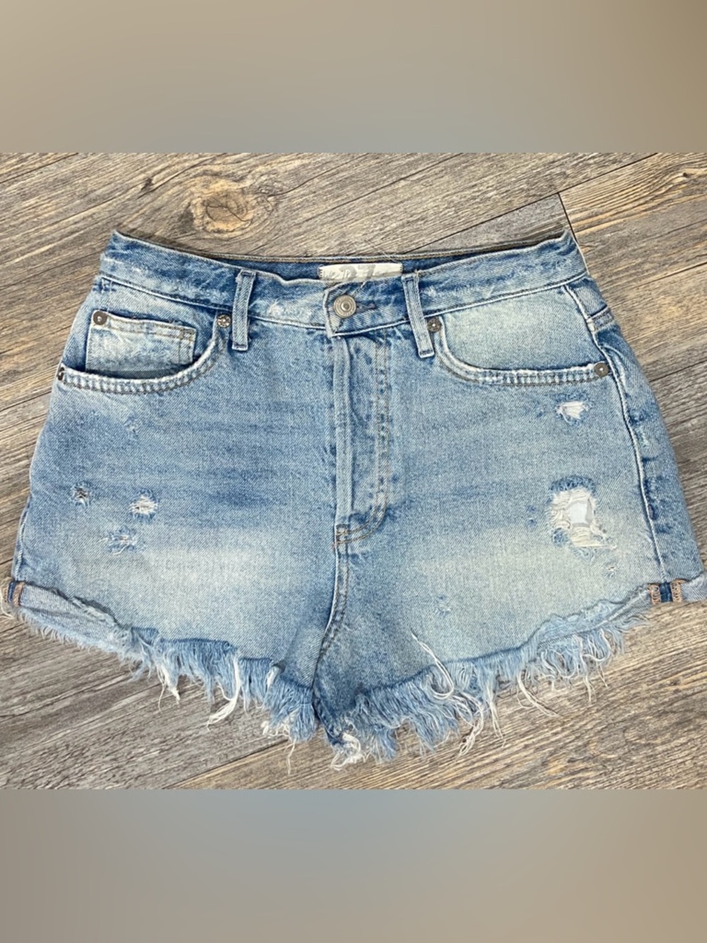 We the Free Lasso Denim Shorts 27 High-Rise Distressed - Light Blue Button Fly